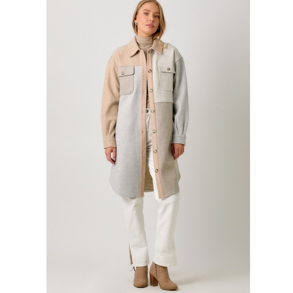 "The Elaine" Ivory/Latte Color Block Long Shacket - Picture 1 of 6
